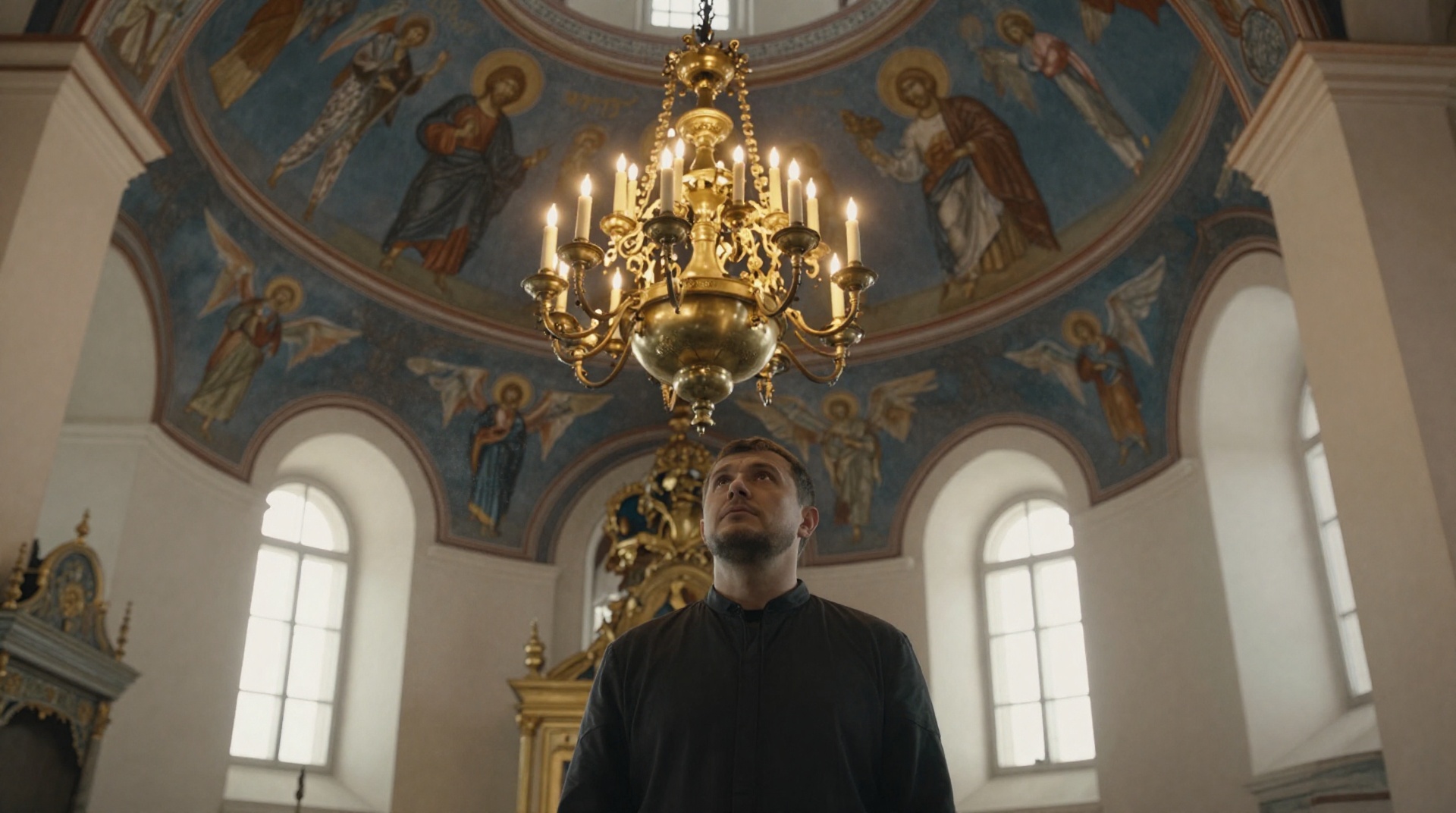 Паникадило в православном храме с человеком для оценки масштаба
